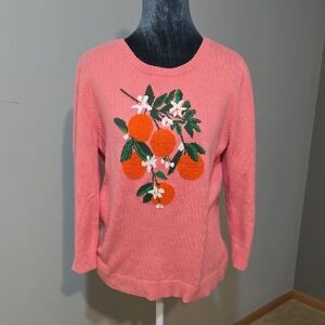 Talbots Coral Pink Orange Botanical Embroidered Sweater | Size S | Citrus Fruit